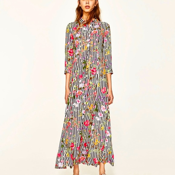 Zara Dresses & Skirts - ZARA Floral Striped Button Front Maxi Dress Sz M